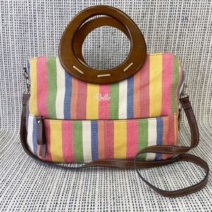 Relic Satchel Bag Wood Handle Woven Striped Multicolor‎ Crossbody Purse Y2K Boho